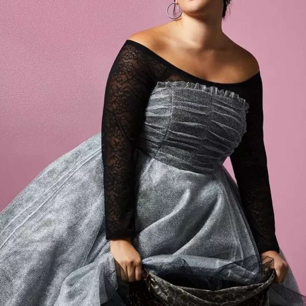 Elegant Silver Tulle Dress with Black Lace Sleeves - Picture 2 of 6